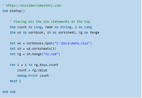 Example of declaring variables at the top of a module