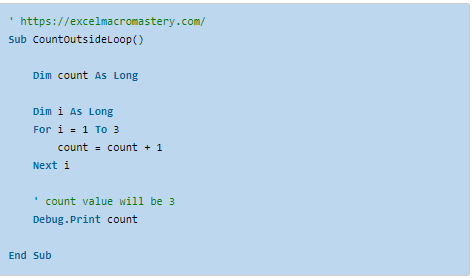Code snippet showing Dim inside a loop structure