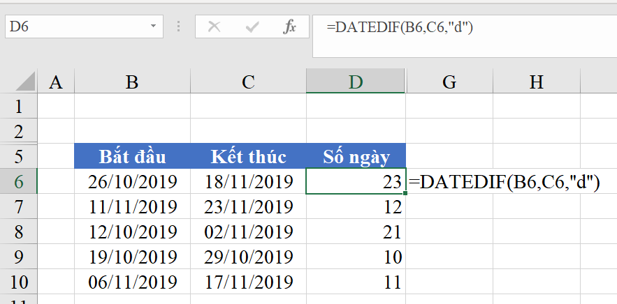 Excel spreadsheet demonstrating the DATEDIF function to calculate days between dates