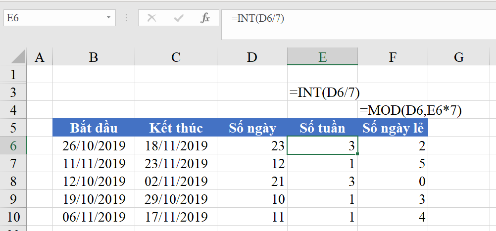 Excel spreadsheet showing the INT function used to calculate full weeks
