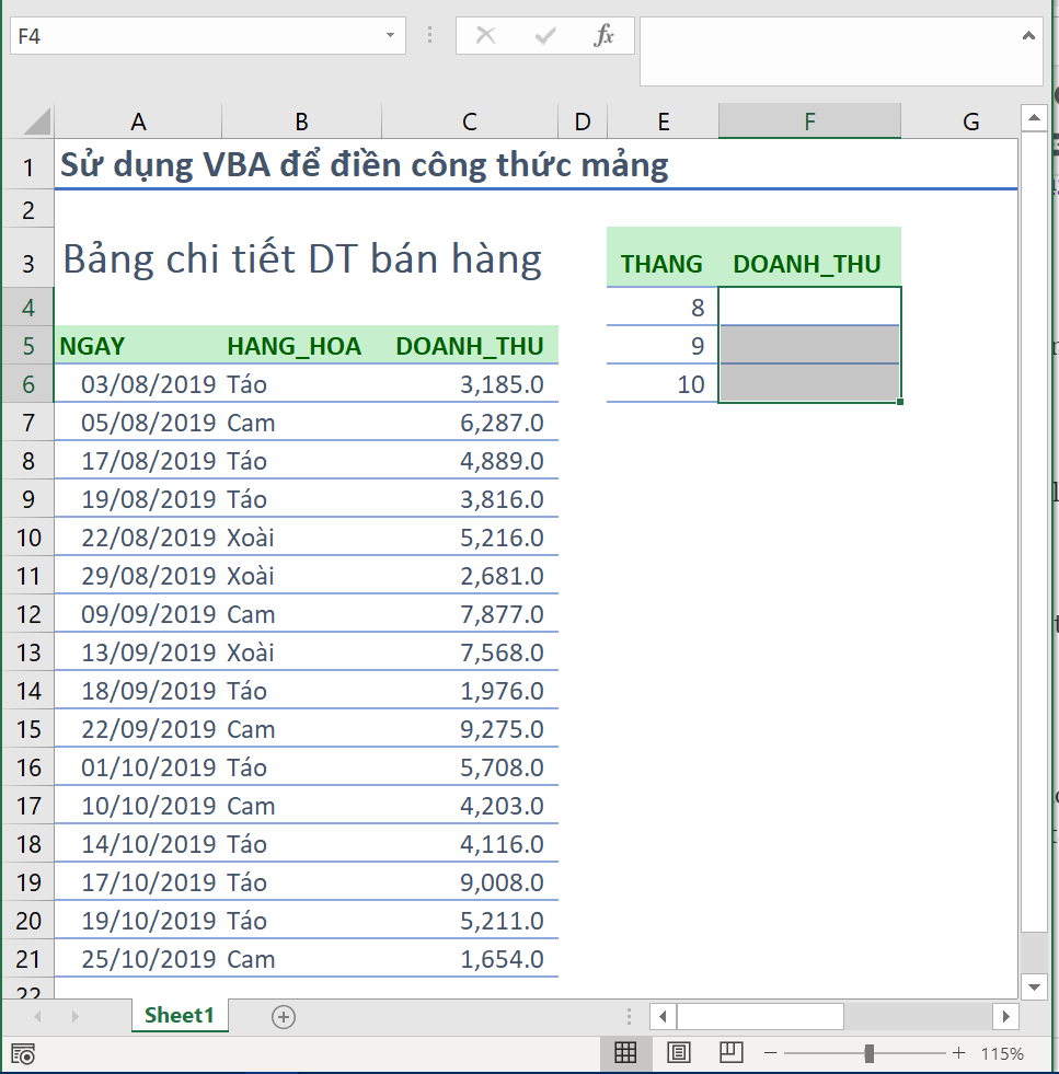 Sử Dụng Công Thức Mảng Trong VBA Excel Dữ liệu doanh thu bán hàng