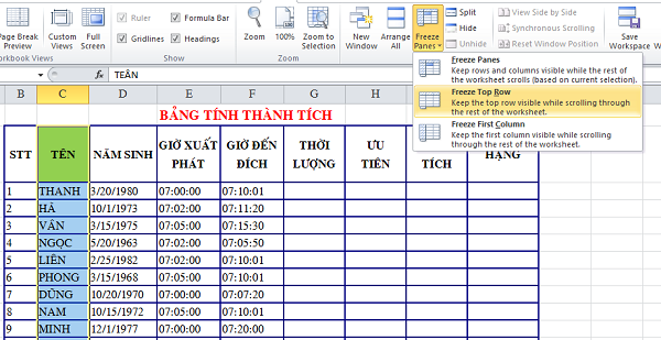 Cố định cột trong Excel 2010 - Bước 2: Chọn Freeze Panes trong View