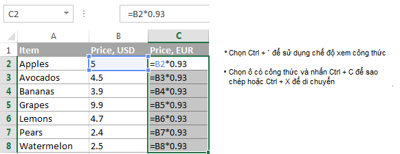 Sao chép công thức ở chế độ hiển thị