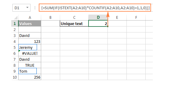 Ví dụ đếm giá trị văn bản duy nhất