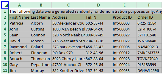 Chọn toàn bộ bảng tính