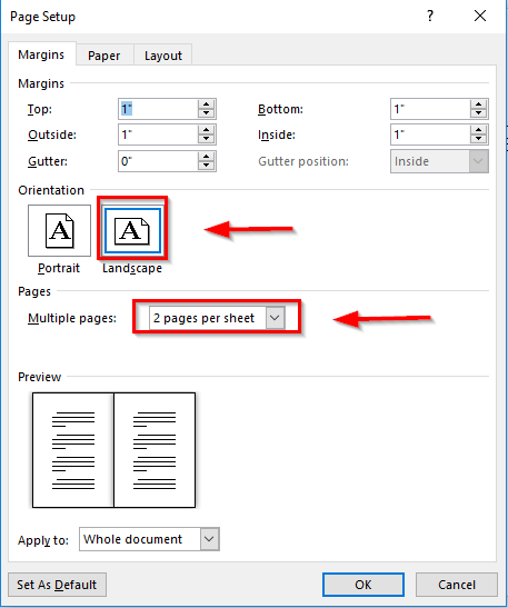 Selecting 2 pages per sheet in the Multiple pages dropdown menu