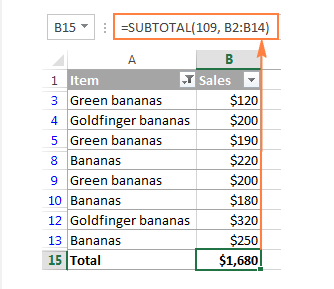 Filtered list showing only the sum of visible Banana items