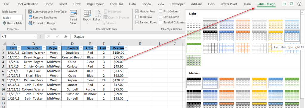 Lợi ích của việc sử dụng Table trong Excel Các kiểu định dạng bảng trong Excel