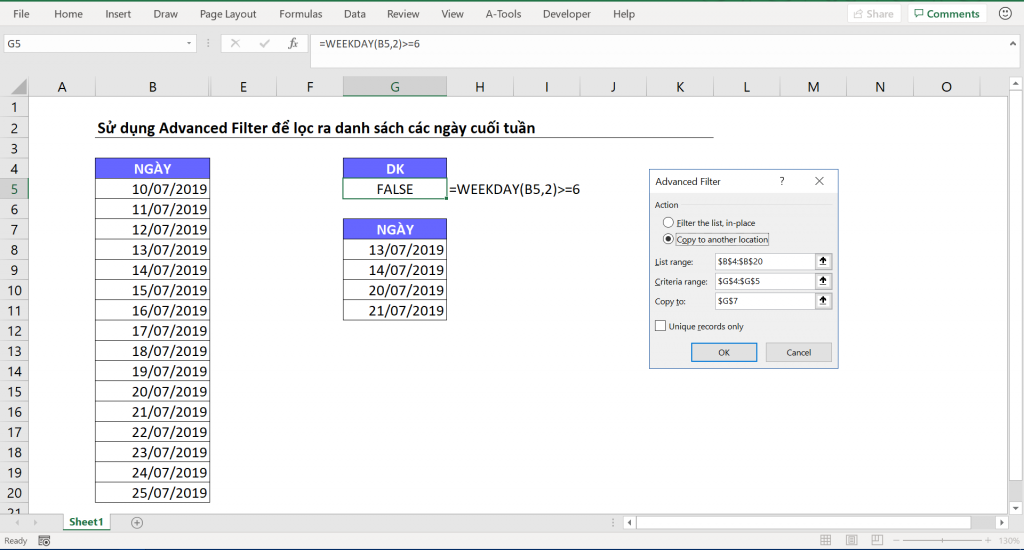 Lọc Danh Sách Ngày Cuối Tuần trong Excel với Advanced Filter Lọc Danh Sách Ngày Cuối Tuần trong Excel với Advanced Filter