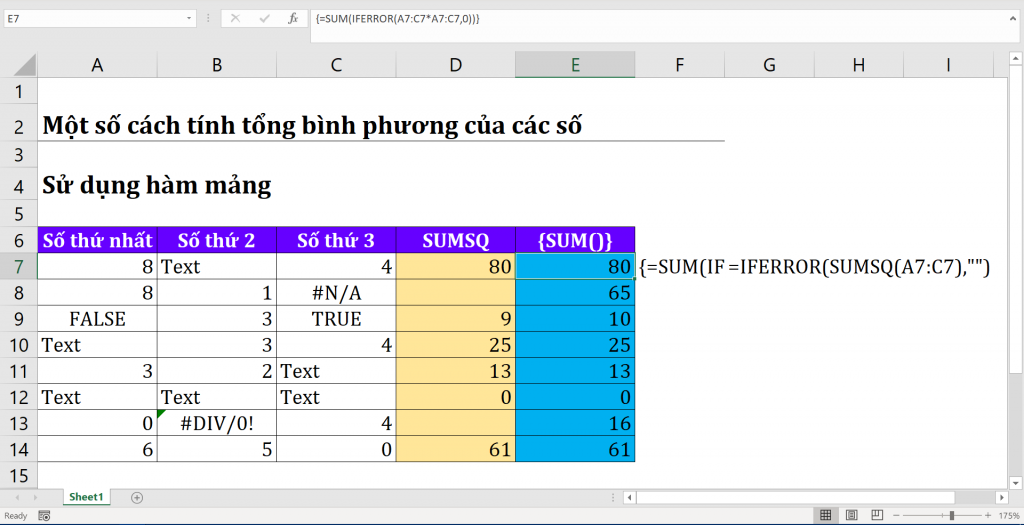 Tính Tổng Bình Phương trong Excel: Hướng Dẫn Chi Tiết Ví dụ sử dụng hàm mảng