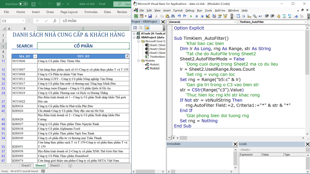 Filtered Excel list showing only rows containing the keyword CO PHAN