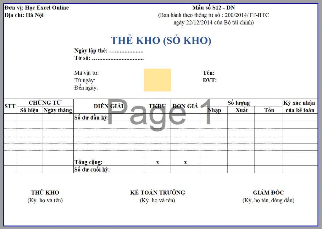 Mô tả thẻ kho trên Excel