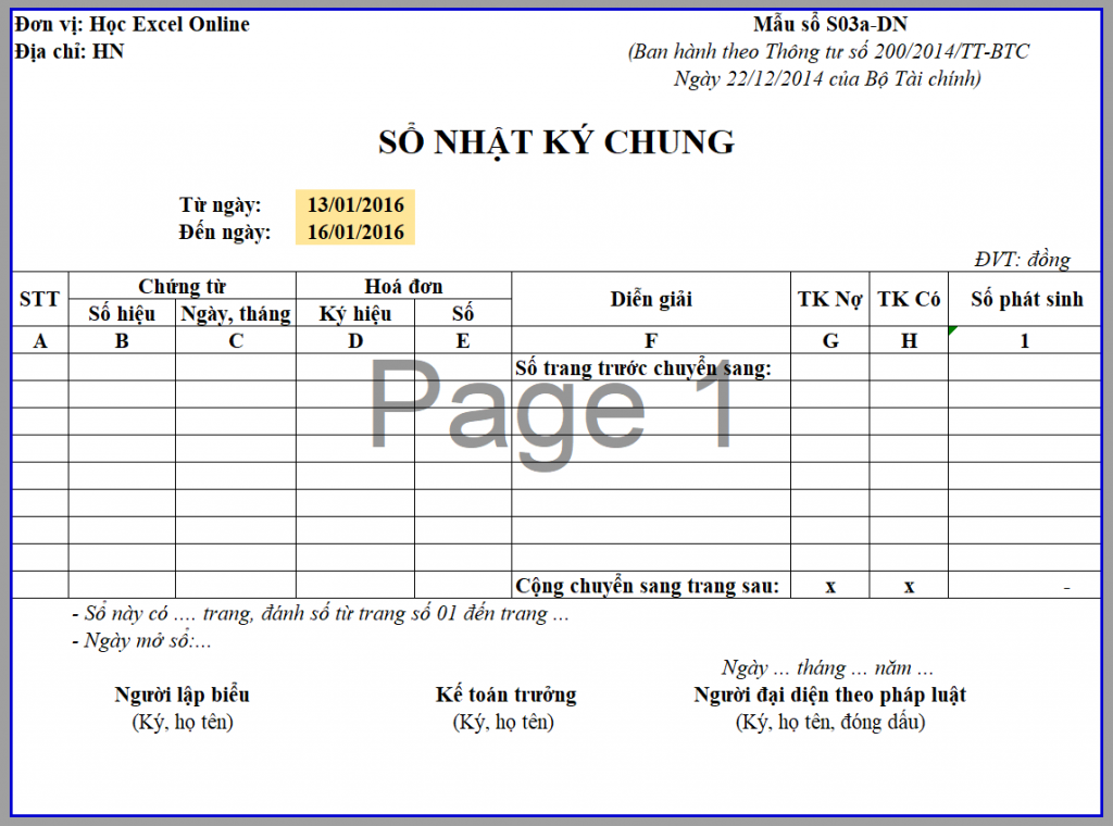 Lập Sổ Nhật Ký Chung trong Excel với Hàm HeoSQL alt text: Mẫu sổ nhật ký chung