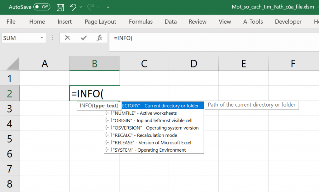 Sử dụng hàm INFO để lấy đường dẫn thư mục