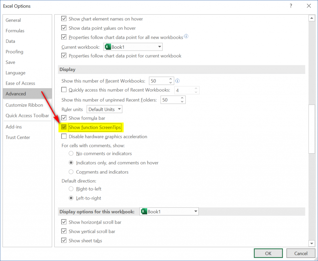 Bật tính năng Show function ScreenTips trong Excel Options