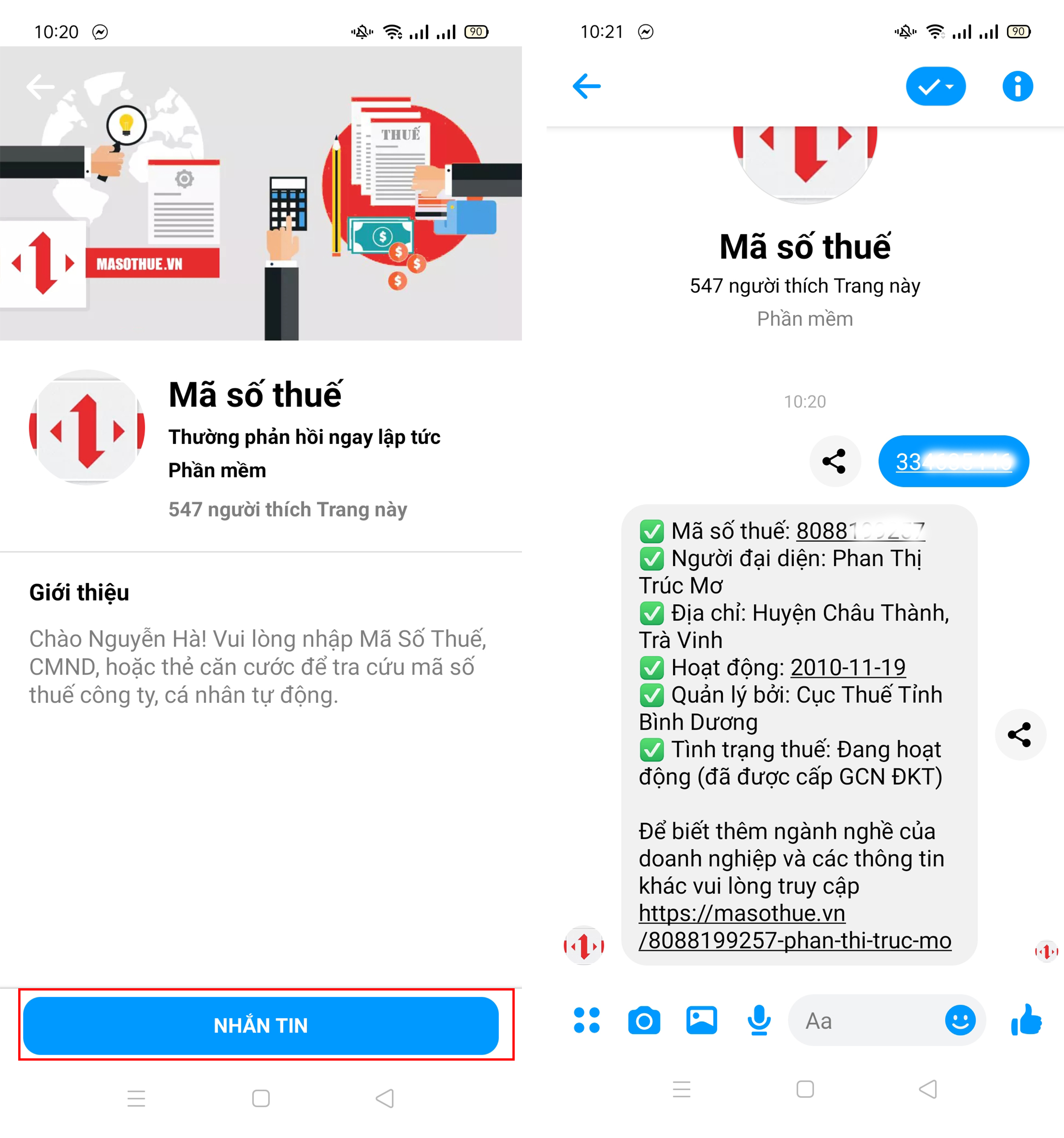 Tra cứu mã số thuế qua Messenger