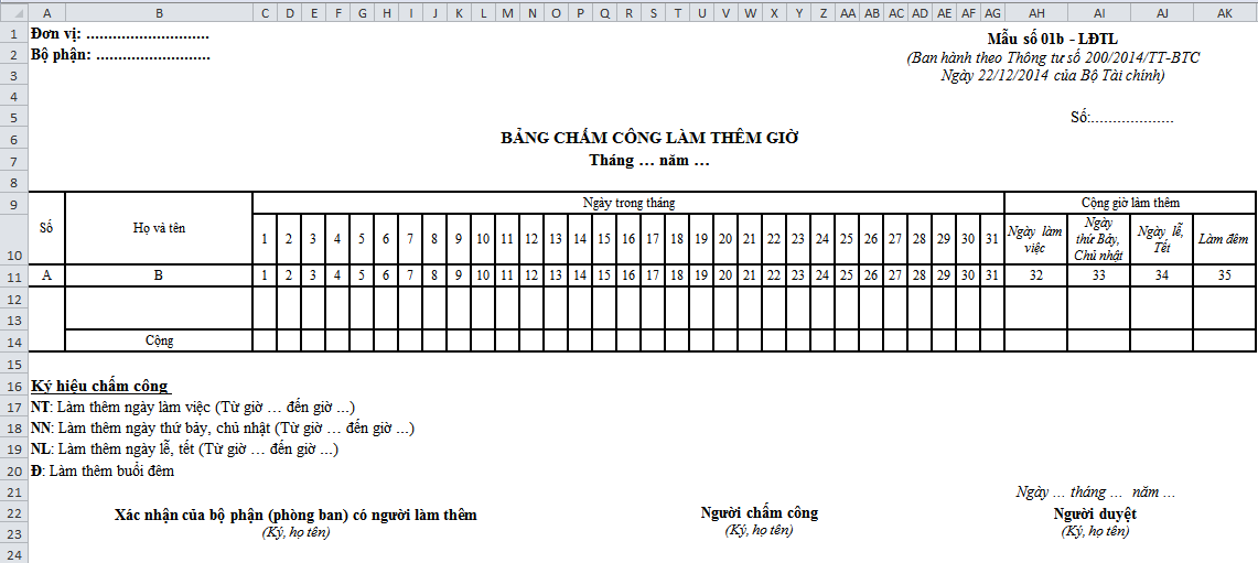 Hướng Dẫn Tạo Mẫu Bảng Chấm Công Làm Thêm Giờ Theo Thông Tư 200 Trên Excel