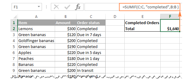 SUMIF formula calculating total based on Completed status