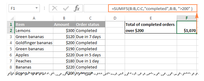 SUMIFS formula with multiple criteria including value greater than 200