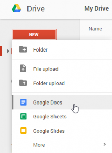 Screenshot of the Google Drive interface showing the New dropdown menu with Google Docs selected