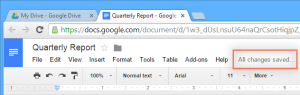 Notification area in Google Docs showing that all changes have been saved to Drive