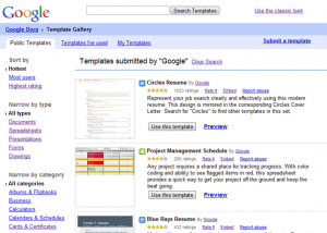 The Google Docs Template Gallery interface displaying various template categories