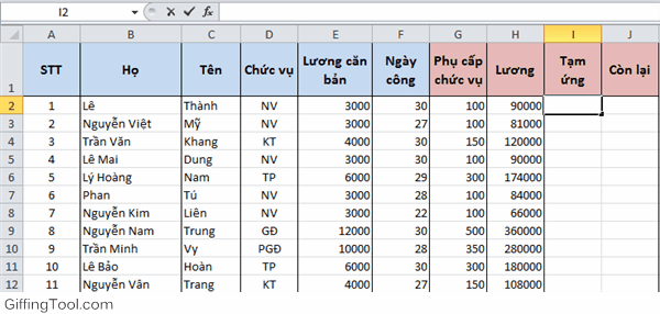 alt text:  Minh họa cách sử dụng hàm ROUND và IF trong Excel để tính tạm ứng