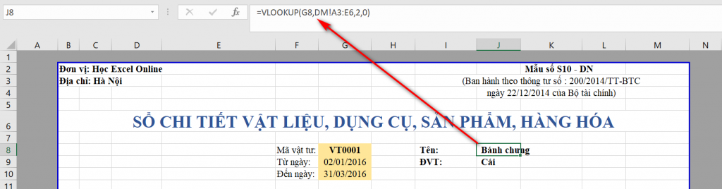 Ví dụ công thức VLOOKUP để lấy tên vật tư