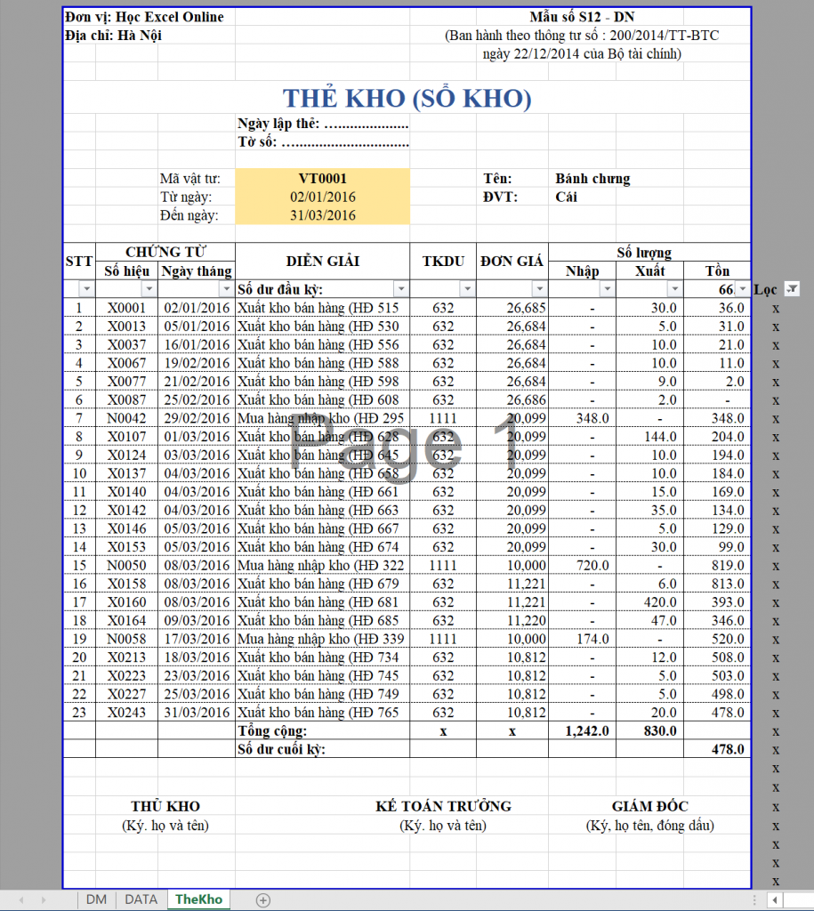 Ví dụ thẻ kho trên Excel
