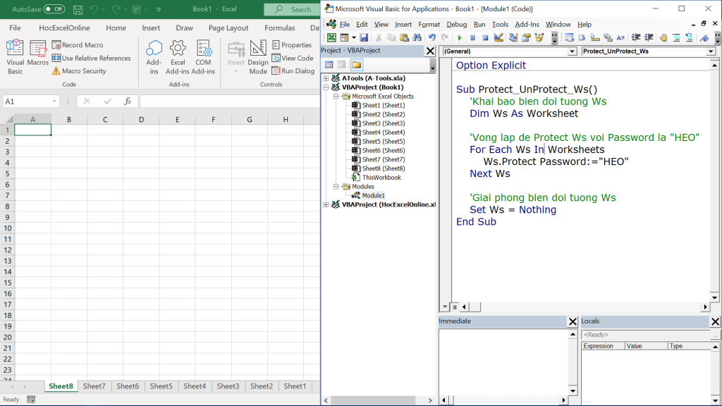 Code VBA để Protect Sheet