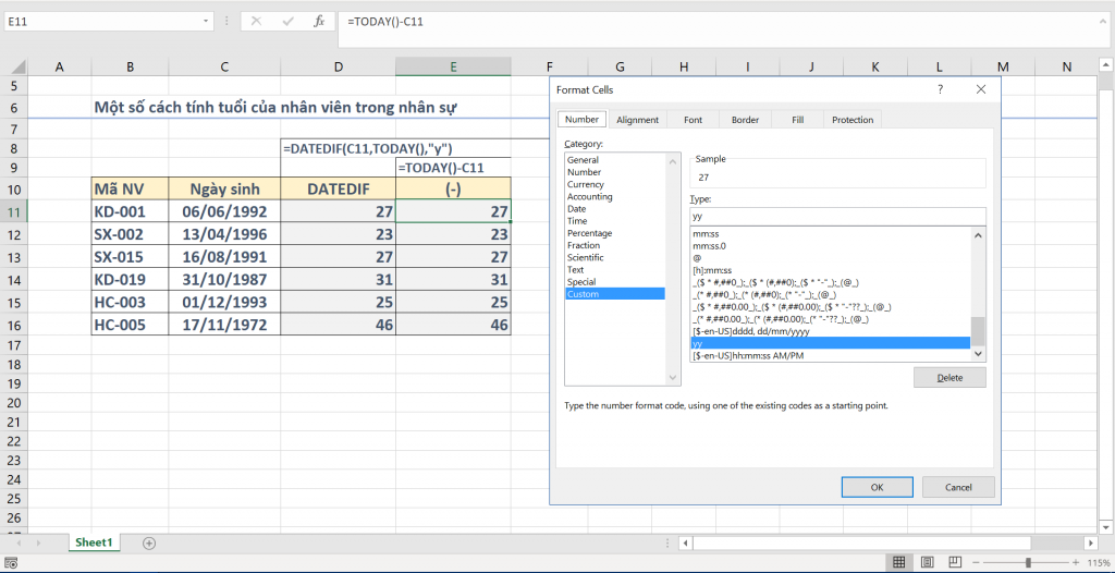 Xác Định Tuổi Nhân Viên Trong Excel: Hướng Dẫn Chi Tiết Tính tuổi bằng phép trừ và định dạng
