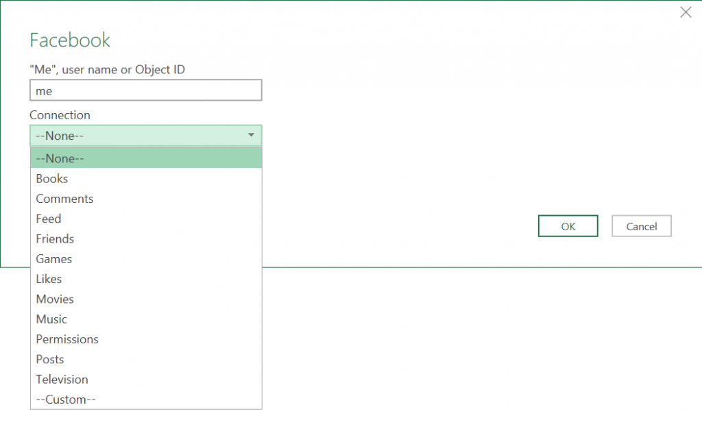 Hộp thoại lựa chọn dữ liệu Facebook
