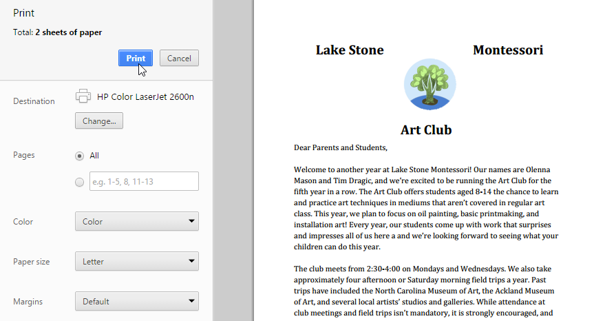 Hộp thoại In và bản xem trước