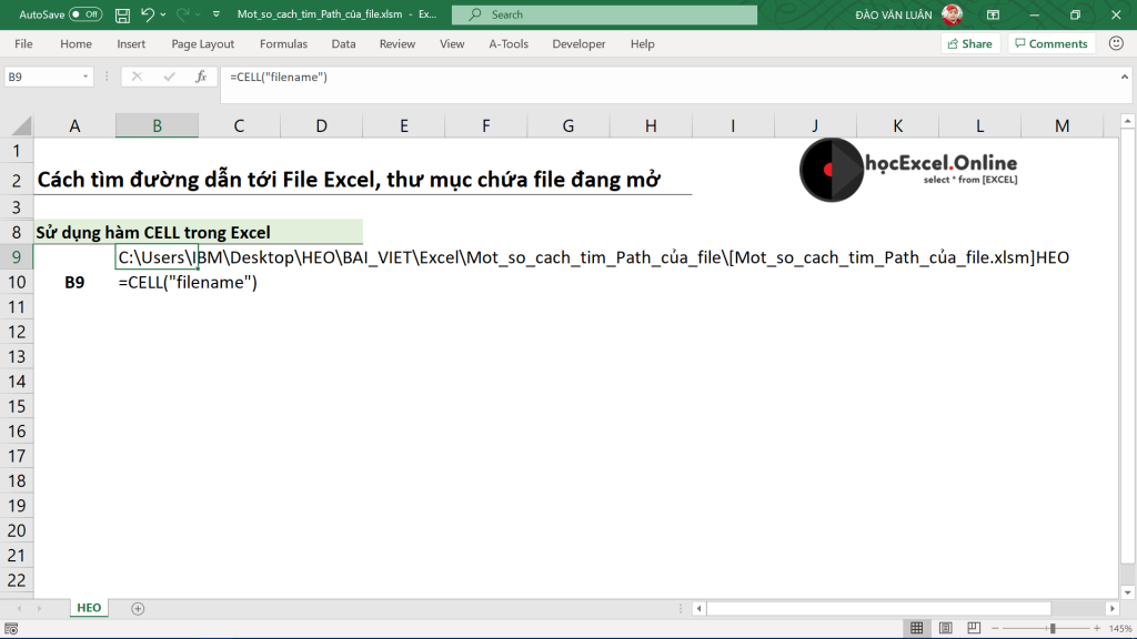 Kết quả trả về của hàm CELL("filename")