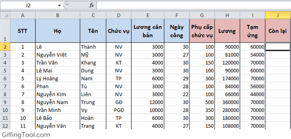 alt text: Minh họa cách tính số tiền còn lại trong Excel