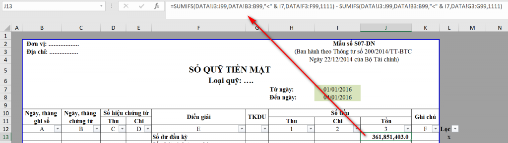 Formula bar showing SUMIFS calculation for opening balance