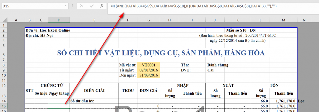 Ví dụ công thức IF và AND để lấy số liệu phát sinh
