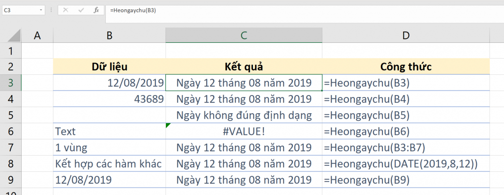 Chuyển đổi Ngày Tháng sang Dạng Chữ trong Excel với Hàm Heongaychu Minh họa các trường hợp sử dụng hàm Heongaychu