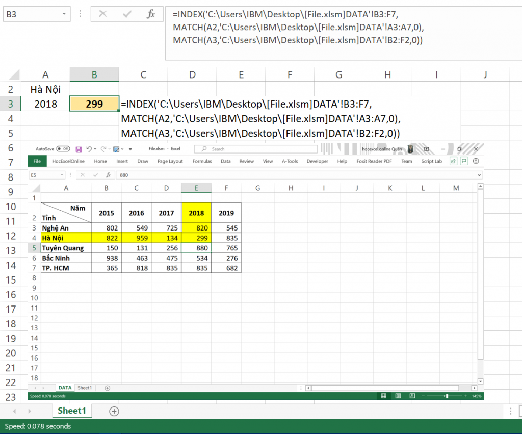 Cách Lấy Dữ Liệu Từ File Excel Đang Đóng Sử dụng hàm INDEX và MATCH