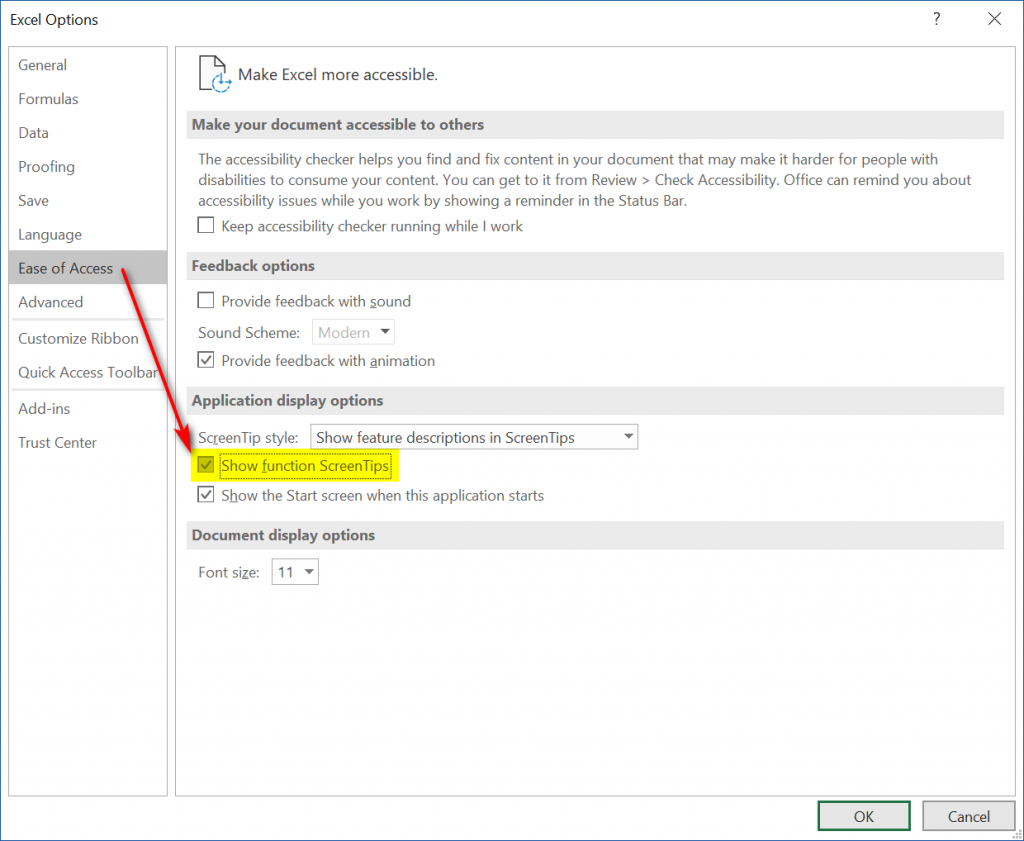 Bật tính năng Show function ScreenTips trong Ease of Access