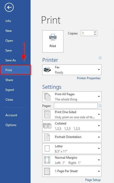 Hộp thoại Print trong Word