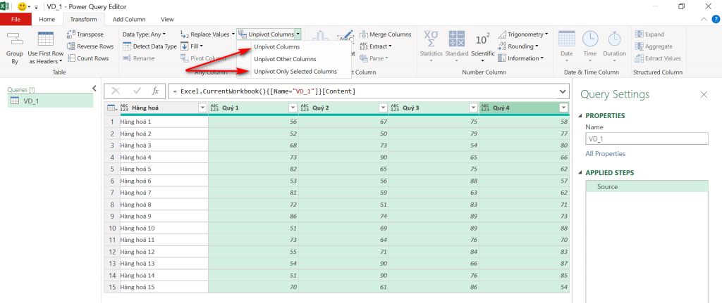 Chuẩn Hóa Dữ Liệu trong Excel với Power Query: Hướng Dẫn Chi Tiết Sử dụng Unpivot Columns