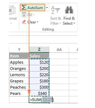 The AutoSum button location on the Home tab ribbon in Excel