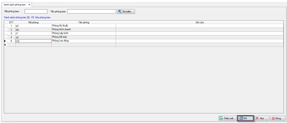 Lưu thông tin phòng ban