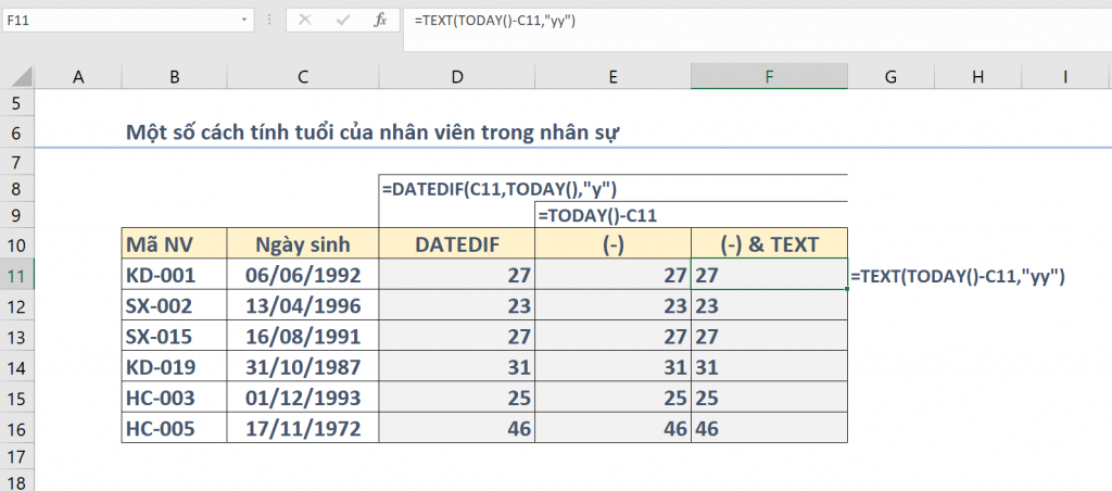 Xác Định Tuổi Nhân Viên Trong Excel: Hướng Dẫn Chi Tiết Kết hợp phép trừ và hàm TEXT