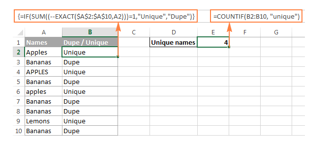 Ví dụ đếm giá trị duy nhất phân biệt chữ hoa chữ thường