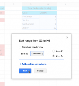 Chọn thứ tự sắp xếp trong Google Sheets