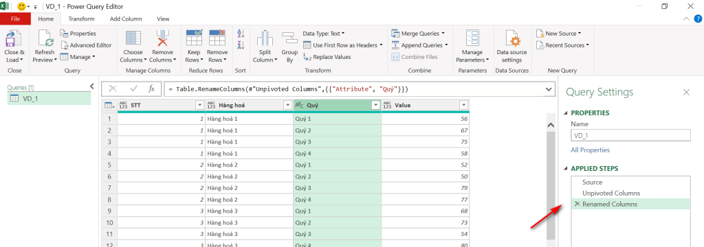 Chuẩn Hóa Dữ Liệu trong Excel với Power Query: Hướng Dẫn Chi Tiết Kết quả sau khi Unpivot