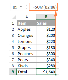Standard SUM formula calculating a specific column range from B2 to B8