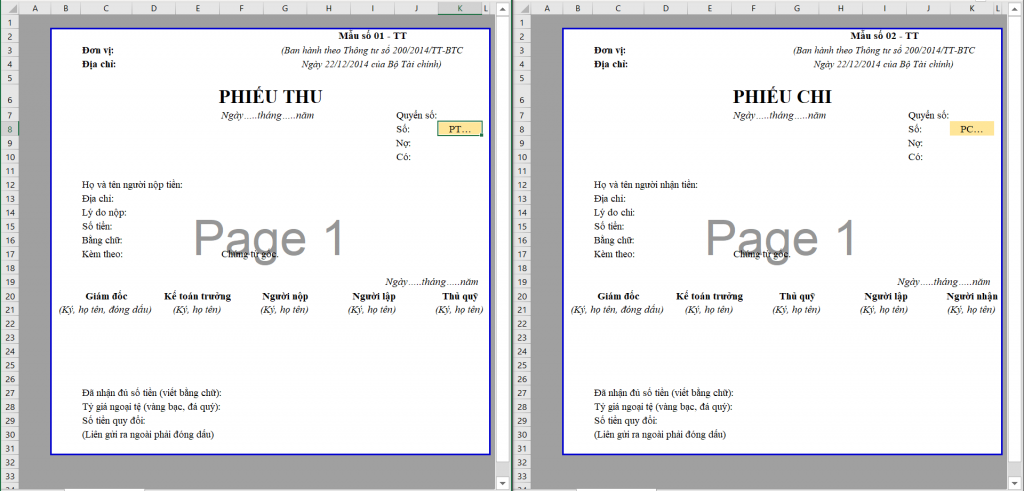 Mẫu phiếu thu chi trên Excel với số phiếu
